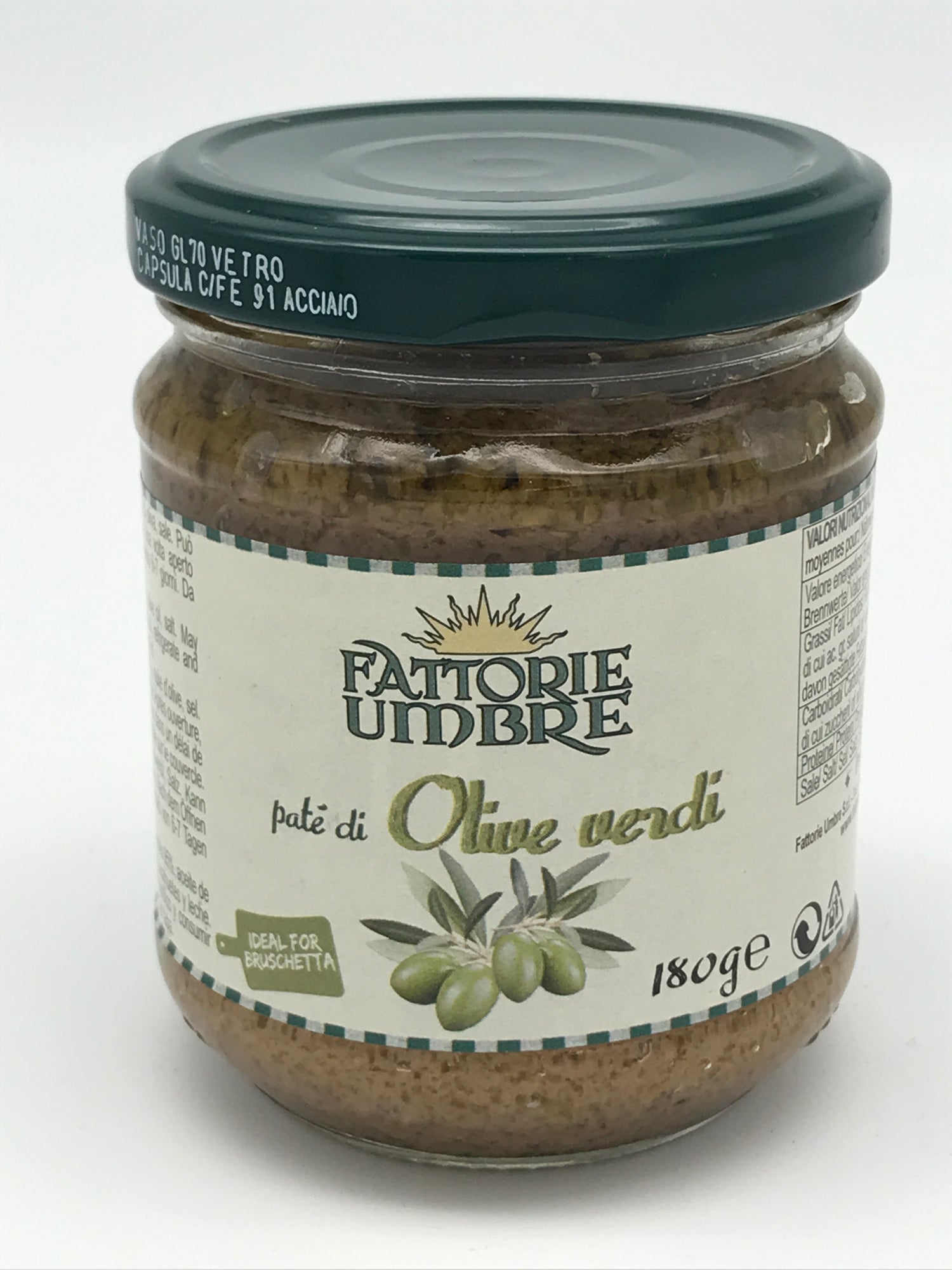 Paté di Olive verdi, 180 g Glas, Fattorie Umbre